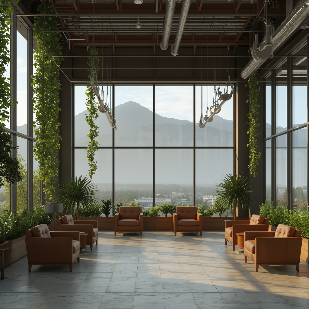 Luxury co-living space with high ceilings, industrial pipes, and vertical indoor gardens. Huge floor-to-ceiling windows showing a misty mountain view. Minimalist design, sustainable materials, leather armchairs, and smart lighting. No people, no women. Warm and professional atmosphere. Photorealistic. 8k.